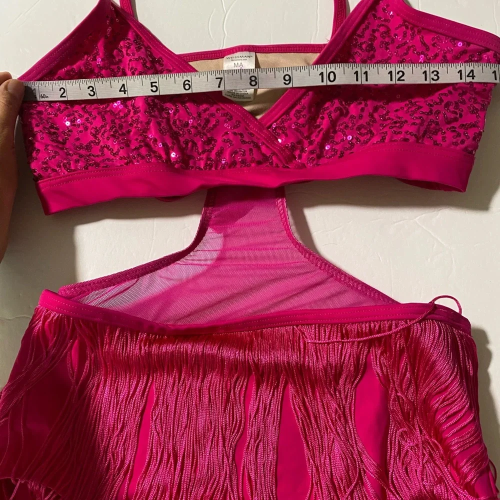 WEISSMAN elite Dance hot pink Costume SEQUIN AND FRINGE LEOTARD D10201 MA adult